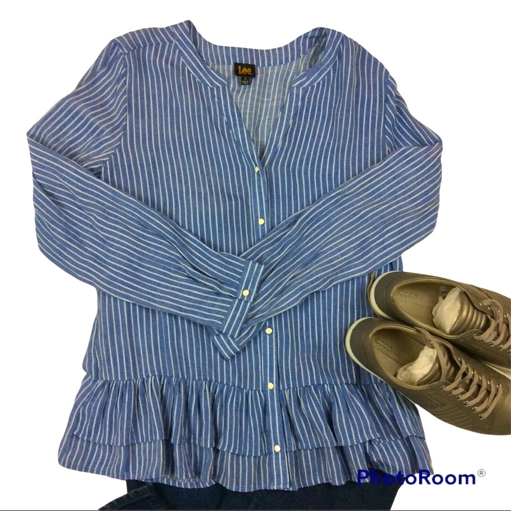 LEE STRIPED, RUFFLED BLOUSE